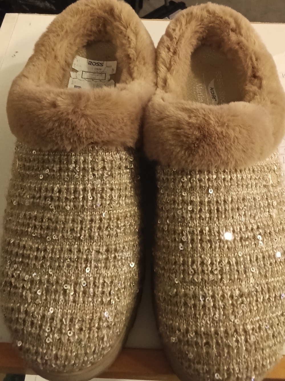 Skechers Sequin Knit Faux-Fur Cuff Slip-On Slippers - Tan